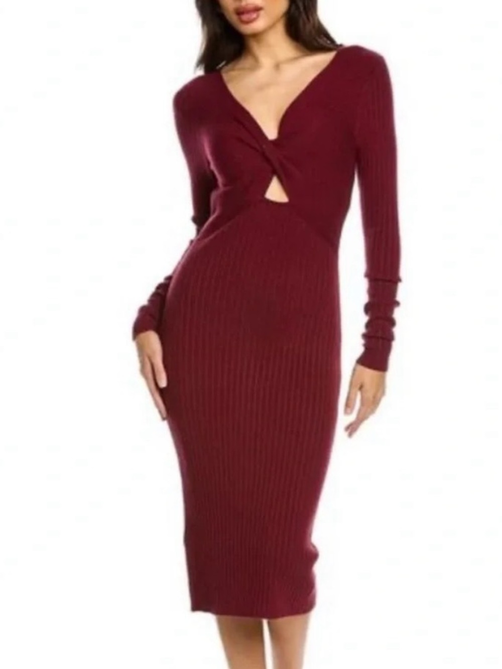 Ramy Brook Ribbed Twist-Front Midi Dress - Burgundy